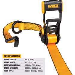 DEWALT DXBC50002 Black/Yellow 1.5"" x 16' Ratchet Tie Down Straps - Heavy-Duty Cargo Hauling (5000 lb Break Strength)  2 Pack