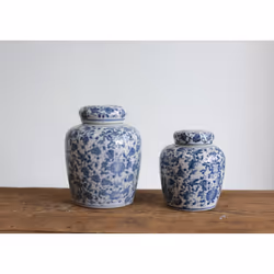 Decorative Blue and White Ceramic Ginger Jar with Lid