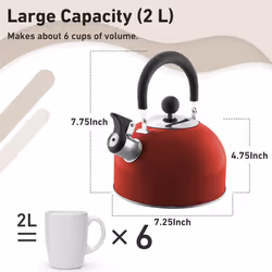 Lily's Home 2 Quart Stainless Steel Whistling Tea Kettle  the Perfect Stovetop Tea and Water Boilers for Your Home  Dorm  Condo or Apartment. Red