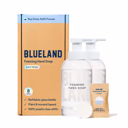 BLUELAND Hand Soap Duo - 2 Refillable Glass Foaming Hand Soap Dispensers + 8 Tablet Refills | Variety Scents | Makes 8 x 9 Fl ...