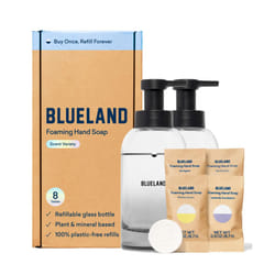 BLUELAND Hand Soap Duo Slate - 2 Refillable Glass Foaming Hand Soap Dispensers + 8 Tablet Refills  Variety Scents  Makes 8 x 9 Fl oz Bottles (72 Fl oz
