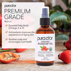 PURA D'OR ORGANIC Rosehip Seed Oil Hair Relaxer (4 Oz x2 = 8 Oz) 100% Pure Cold Pressed USDA Certified All Natural Anti-Aging  Scar Treatment  Gua Sha