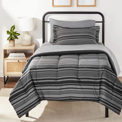 Amazon Basics Twin XL Comforter Set with Sheets  5-Piece Gray Calvin Stripe Bedding  Lightweight Microfiber Bed-in-a-Bag