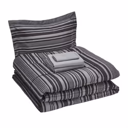 Amazon Basics Twin XL Comforter Set with Sheets  5-Piece Gray Calvin Stripe Bedding  Lightweight Microfiber Bed-in-a-Bag