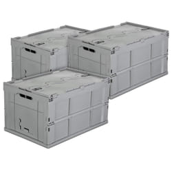Mount-It! Folding Plastic Storage Crate  PACK OF 3  Collapsible Utility Distribution Container with Attached Lid  65L Liter Capacity  Gray