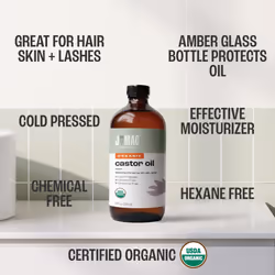 J MAC BOTANICALS  Organic Castor Oil Cold Pressed (Glass Bottle  8 oz) pure unrefined  hexane free for face  skin  eyelashes  pack wraps  pads