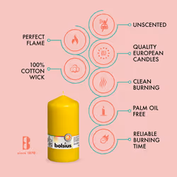 BOLSIUS 4 Yellow Pillar Candles - 3x6 Inches - Individually Wrapped - Premium European Quality - 65+ Burn Hours - Dripless & Smokeless Smooth Flame -