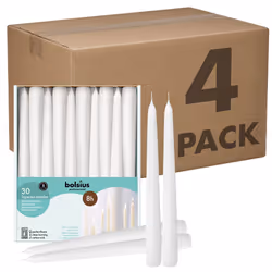 BOLSIUS White Taper Candles - Bulk Case of 4 Packs = Total 120 Candles - 8 Hours - Premium European Quality - Consistent Smok ...