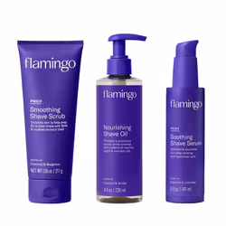 Flamingo 3-Step Shaving Set for Women - Smoothing Shave Prep Scrub Nourishing Shave Oil and Soothing Post Shave Serum - Glo ...