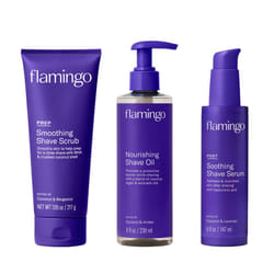 Flamingo 3-Step Shaving Set for Women - Smoothing Shave Prep Scrub  Nourishing Shave Oil  and Soothing Post Shave Serum - Glow Shave Collection