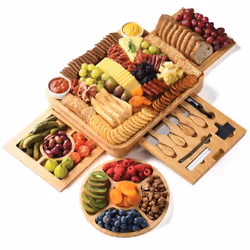 Bamboo Cheese and Meat Board - Simple Charcuterie Board with Serving Utensils Cutlery Trays Ceramic Bowls for Wine Night ...