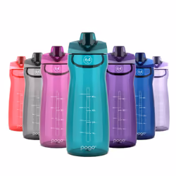 Pogo 64oz Plastic Water Bottle with Leak-Proof Chug Lid and Carry Handle  Reusable  BPA Free  Capacity Markings  Dishwasher S ...