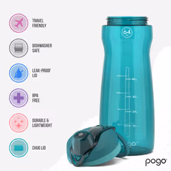 Pogo 64oz Plastic Water Bottle with Leak-Proof Chug Lid and Carry Handle  Reusable  BPA Free  Capacity Markings  Dishwasher Safe  Perfect for Travel