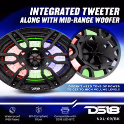 DS18 Hydro NXL-69 - High End Coaxial Speaker Pair - 2-Way Marine Speaker with Integrated RGB Lights - 375 Watt Car Audio System - Water Resi