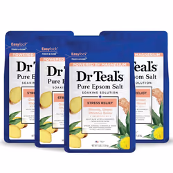 Dr Teals Pure Epsom Magnesium Salt Soak Stress Relief with Ginseng Ginger Essential Oils 3 lbs Pack of 4