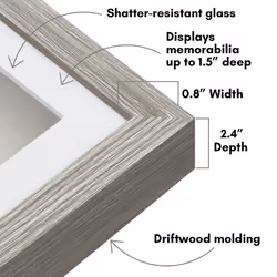 Americanflat 8x10 Shadow Box Frame with Shatter-Resistant Glass - Use as 6x8 Frame with Mat or 8x10 Frame Without Mat - Silhouette Collection - Driftw
