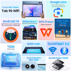 Blackview Tablet 11 inch Android 14 Tablets  90WiFi with 12GB+128GB Storage(Expand to 2TB)  Unisoc T606 CPU  8200mAh  IPS Display  Widevine L1  5G WiF