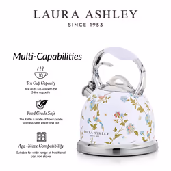 VQ Laura Ashley Elveden White 3L Stainless Steel Tea Kettle Stovetop W
