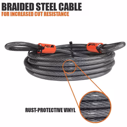 BV 15FT Security Steel Cable with Loops  Braided Steel Flex Cable  Lock Cable 3/8 Inch  for U-Lock and Padlock 2 Pack
