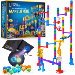 NATIONAL GEOGRAPHIC Glowing Marble Run - 115 Piece Construction Set with 25 Glow in The Dark Glass Marbles  Storage Bag  Grea ...