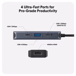 HYPER HD4001GL interface hub USB 3.2 Gen 1 (3.1 Gen 1) Type-C 10000 Mbit/s Blue, Grey - Additional view 2