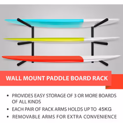Heavy Duty Steel 3 levels Wall Mount Paddle Board Racks, Surfboard Hanger with Padded Foam, Store and display, Surfboards, Snowboards, Longboards,