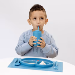 ezpz Happy Cup + Straw System - 24 months+ (Blue) - 100% Silicone Cup + Straw for Older Toddler + Preschoolers