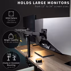 VIVO Full Motion Dual Monitor Desk Mount Clamp Stand VESA , Double Center Arm Joint, Holds 2 Screens up to 34 inches, STAND-V102D