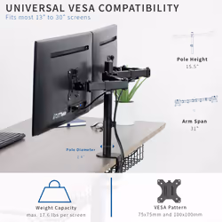 VIVO Dual 13 to 30 inch LCD Monitor Desk Mount  Fully Adjustable Stand with Tilt and Swivel  Holds 2 Screens with Max VESA 100x100  STAND-V2