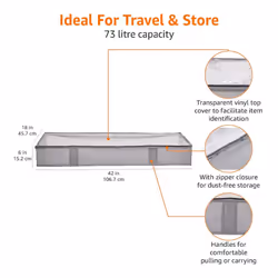 Underbed Storage Bag with Zipper and Transparent Vinyl Top, 2-Pack, Grey, 45.7 x 106.7 x 15.2 cm