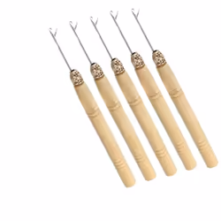 5 Wooden Hair Extensions Loop Needle Threader Wire Pulling Hook Tool for silicone microlink beads and feathers Set of 5 for ...