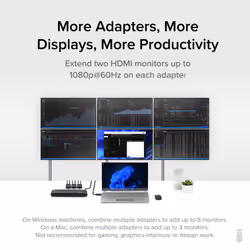 Plugable Technologies Dual Monitor Adapter for M1/M2/M3 Based macOS Systems, Windows, ChromeOS. Broad Compatibility - Thunderbolt, USB-C or USB 3.0 to HDMI Adapter for Dual Monitors at 1920x1080 @ 60Hz resolution