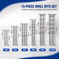 WORKPRO 15 Pieces Masonry Drill Bit Set with Case, Hammer Drill Bit Set, Carbide Tip Drill Bits for Concrete/Glass/Brick/Plastic/Cement/Tile