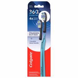 Colgate 360 Floss Tip Replaceable Head Toothbrush Starter Kit  2 Brush Heads and Metal Handle
