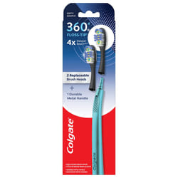 Colgate 360 Floss Tip Replaceable Head Toothbrush Starter Kit  2 Brush Heads and Metal Handle