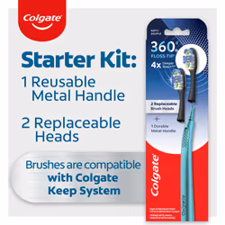 Colgate 360 Floss Tip Replaceable Head Toothbrush Starter Kit  2 Brush Heads and Metal Handle