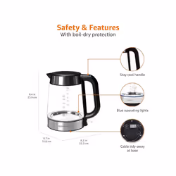 Amazon Basics Electric Glass Kettle, 1.7 Litres, Black, Silver