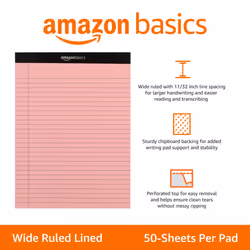 Amazon Basics Wide Ruled 8.5 x 11.75-Inch 50 Sheet Lined Writing Note Pad  Pack of 6  300 Count  Multicolor
