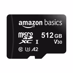 Amazon Basics Micro SDXC Memory Card with Full Size Adapter  A2  U3  Read Speed up to 100 MB/s  512 GB  Black