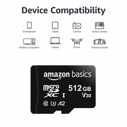 Amazon Basics Micro SDXC Memory Card with Full Size Adapter  A2  U3  Read Speed up to 100 MB/s  512 GB  Black