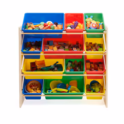 Kids' Toy Storage Organiser with 12 Plastic Bins, Natural Wood with Bright Bins, 27.7 D x 85.3 W x 79 H cm