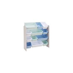 Kids' Toy Storage Organiser with 12Â Plastic Bins - Grey Wood with Blue Bins