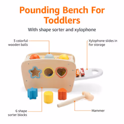 Amazon Basics Musical Pounding Bench With Xylophone and Shape Sorter Toy-Kids Gift for Toddlers  Age 18M+  Boy Girl Baby  11.6 x 5.2 x 6.3 inches  Mul
