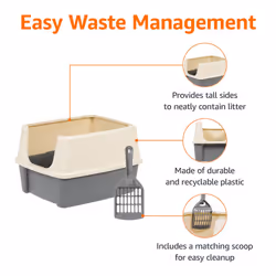 Amazon Basics Large Cat Litter Box with High Sides  Open Top  Includes Scoop  19 x 15 x 11.75 inches  Grey/Beige