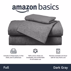 Amazon Basics 4 Piece Bed Sheet Set  100% Cotton Jersey  Includes Super Soft  Flat and Fitted Sheets  Pillowcase  Full  Dark Gray  Solid