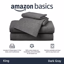 Amazon Basics 4 Piece Bed Sheets Set  100% Cotton Jersey  Includes Super Soft  Flat and Fitted Sheets  Pillowcase  King  Dark Gray  Solid