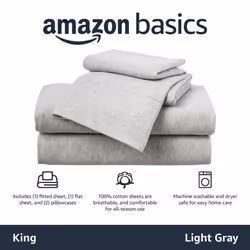 Amazon Basics 4 Piece Bed Sheets Set  100% Cotton Jersey  Includes Super Soft  Flat and Fitted Sheets  Pillowcase  King  Light Gray  Solid
