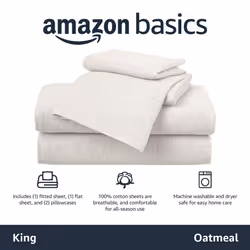 Amazon Basics 4 Piece Bed Sheets Set  100% Cotton Jersey  Includes Super Soft  Flat and Fitted Sheets  Pillowcase  King  Oatmeal  Solid