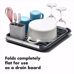 OXO Good Grips Aluminium Fold Flat Dish Rack Grey Non Slip Feet Raised Ridges