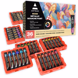 ARTEZA Metallic Gouache Paint  Set of 36  12ml/0.4 US Fl Oz Gouache Paint Tubes  Glitter Paint for Canvas & Paper